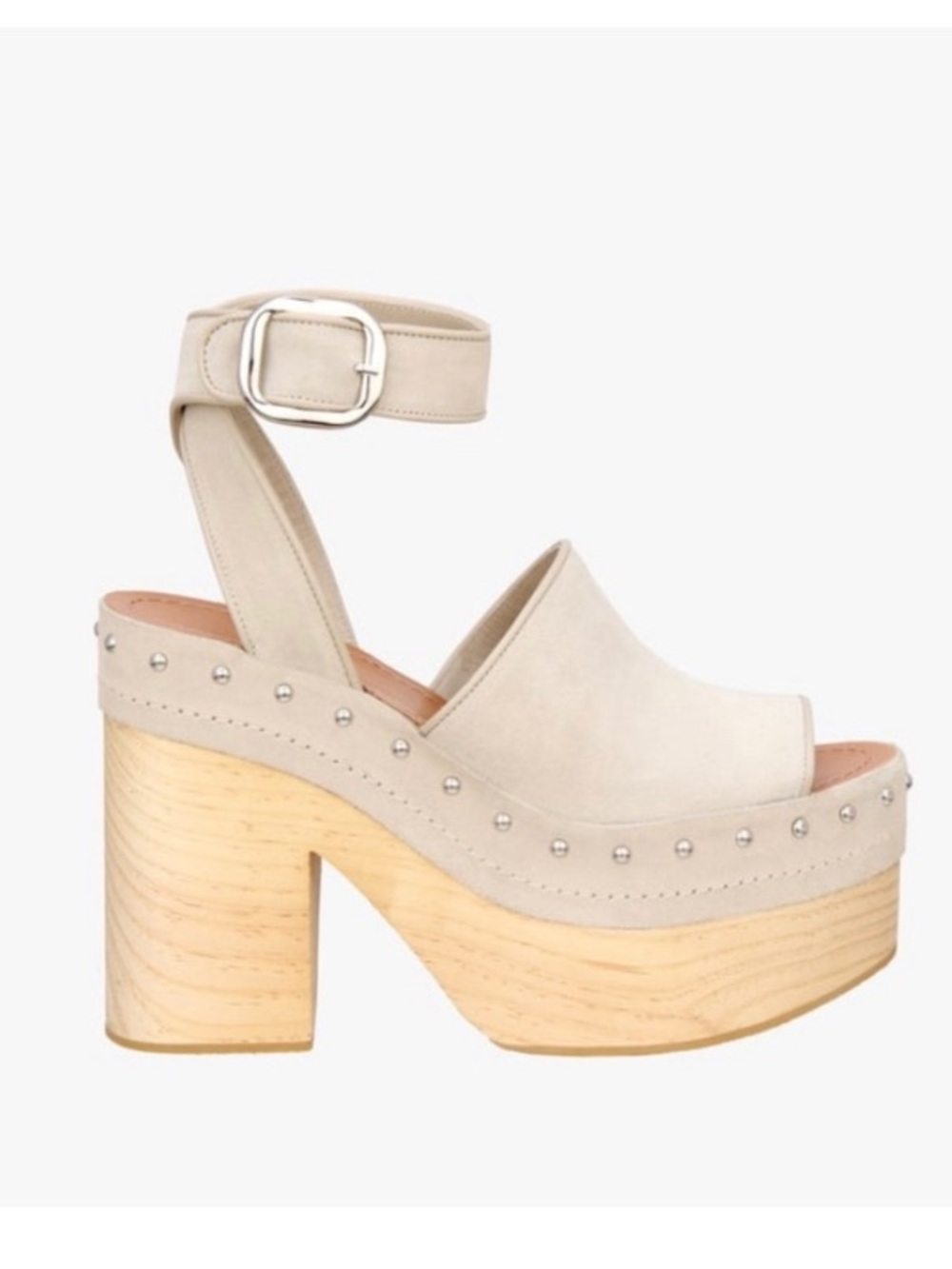 Zara Cream/ Tan Suede Leather Studded Platform Sandal with Wood Block Heel